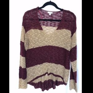 Cream and Burgundy Striped Knit Sweater